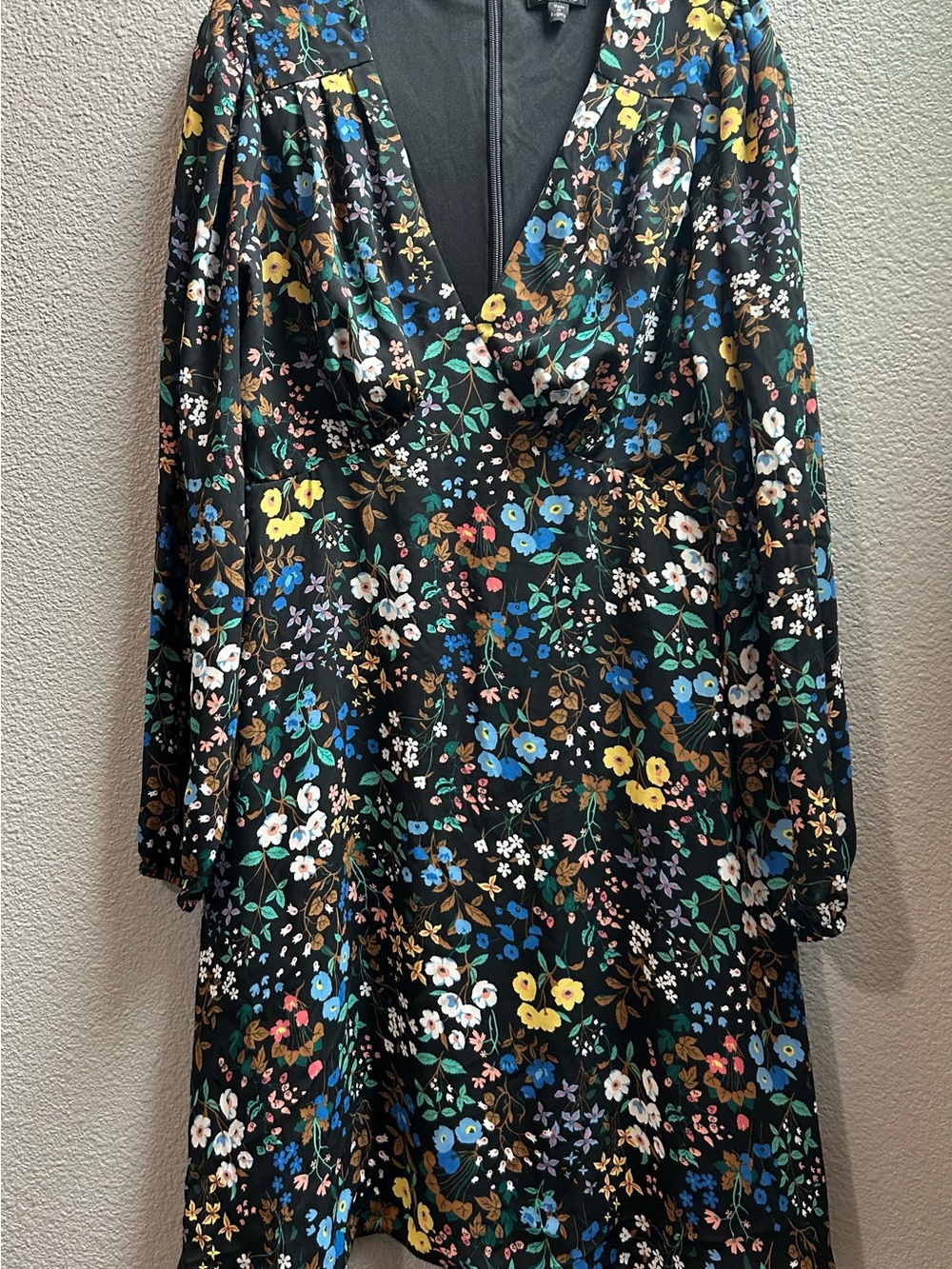 Miss Selfridge Black Floral V-Neck Long Sleeve Dress with Multicolor Print